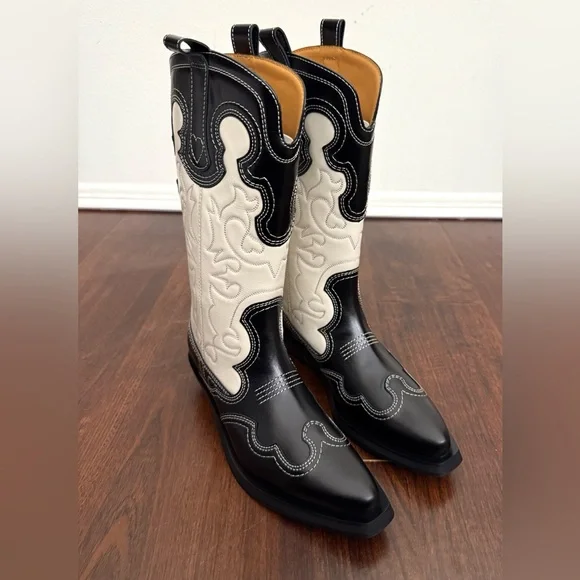 NWT GANNI  Mid Shaft Embroidered Western Cowboy Boots in Black/Egret Sz US 8 - Picture 6 of 17